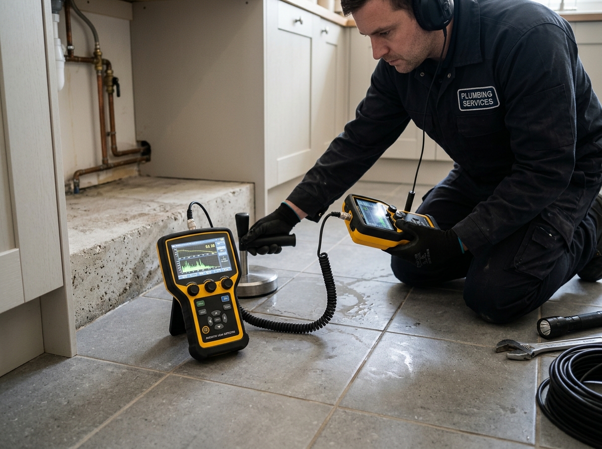 Electronic slab leak detection equipment tracing buried water line beneath concrete slab